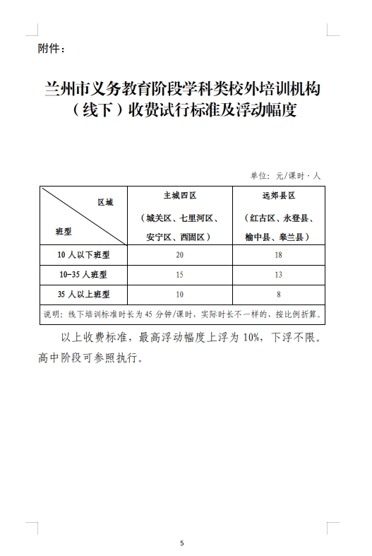 关于兰州市义务教育阶段学科类校外培训机构 （线下）收费试行标准的通知